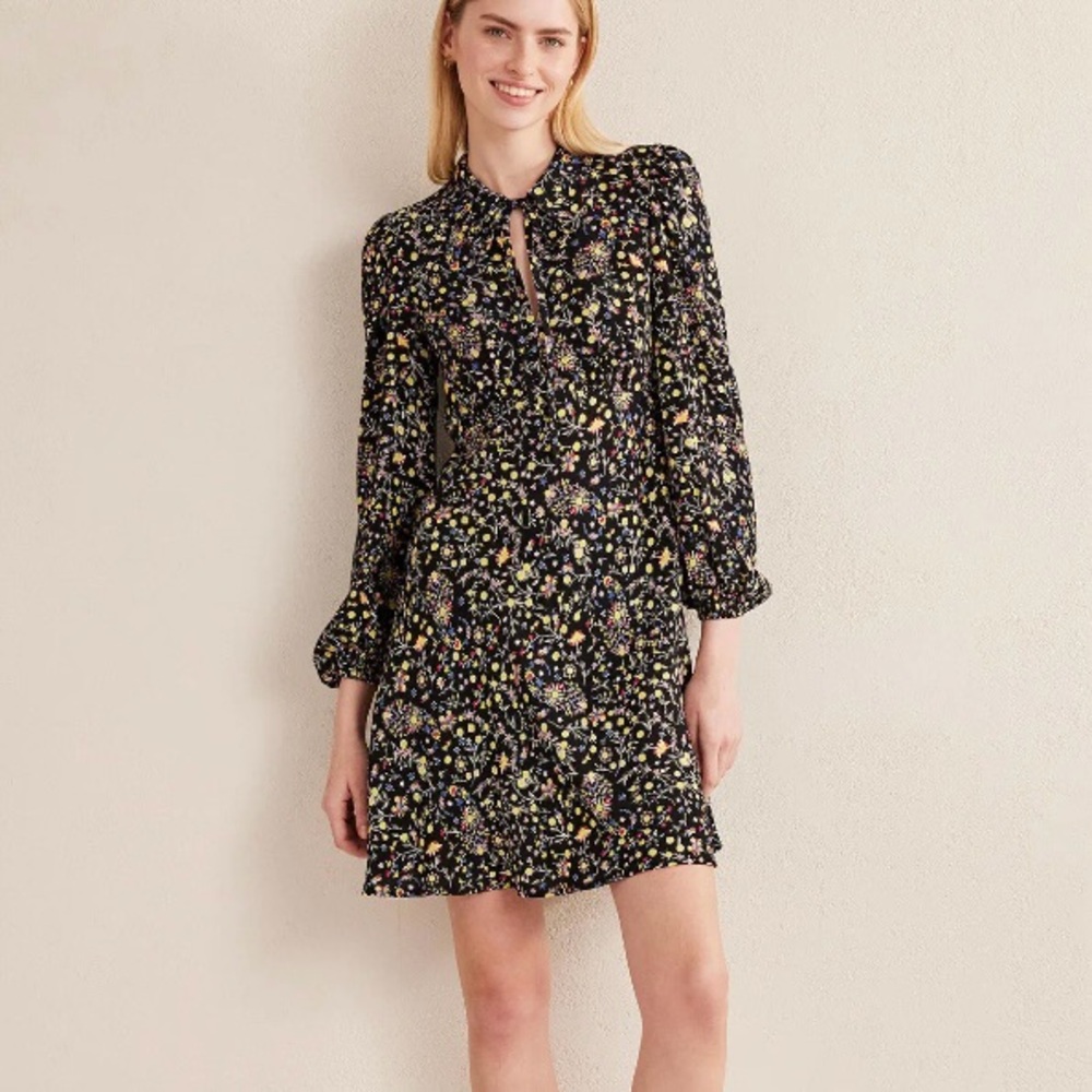 Boden Black Wildflower Paisley Floral Tie Neck Blouson Sleeve Shirt Dress